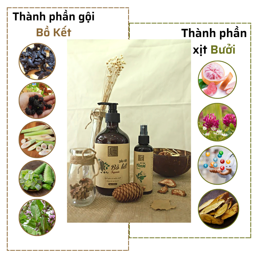 Bộ Dầu Gội Bồ Kết 500ml Xịt Dưỡng Tóc Bưởi 100ml VƯỜN THẢO MỘC ORGANIC Bảo Vệ Mái Tóc Tối Đa Phục Hồi