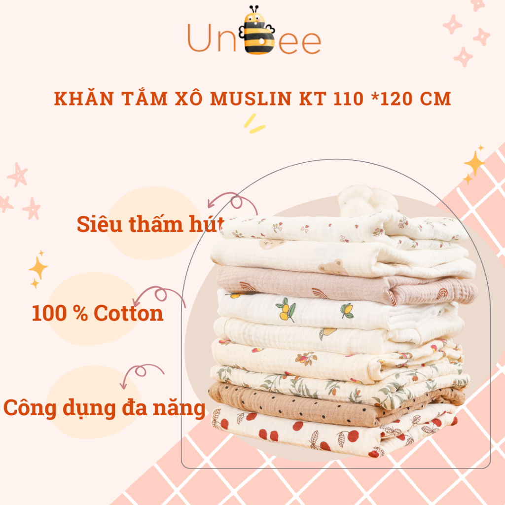 Khăn Tắm Xô Đa Năng Unbee Chất Xô Muslin Hàn 2 lớp ( 110x110cm ) PN010