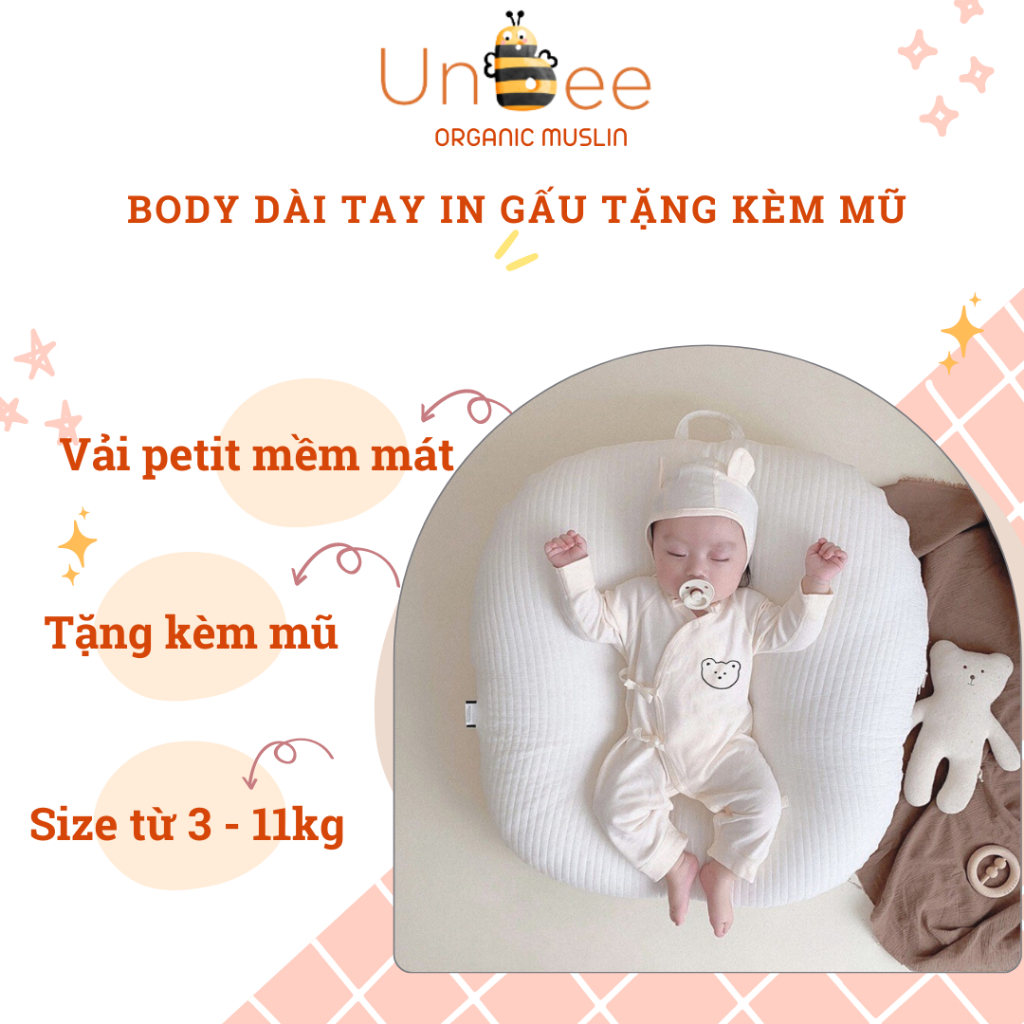 Bodysuit cài chéo dài tay Unbee kèm che thóp cho bé 1-11Kg chất liệu thun gân an toàn cho da nhạy cảm