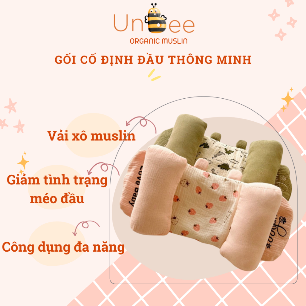 Gối Chặn Định Hình Đầu Dáng Tai Gấu Cao Cấp Unbee Chất Xô Muslin Hàn Quốc Cho Bé Sơ Sinh, Chống Méo Đầu, Bẹp Đầu - PN00