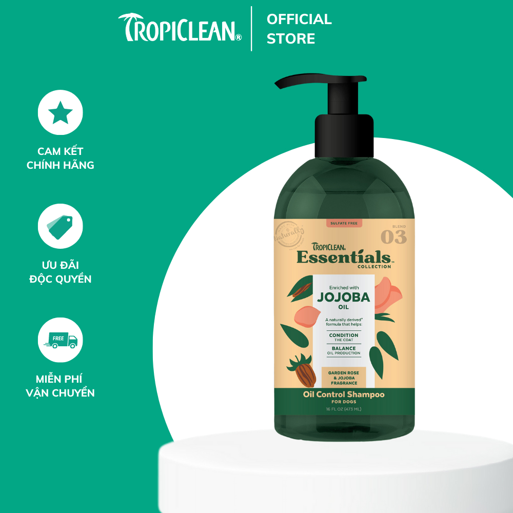 Dầu gội Tropiclean Essentials chuyên dưỡng ẩm cao cấp và kiểm soát dầu cho da dầu dành cho chó mèo 473ml