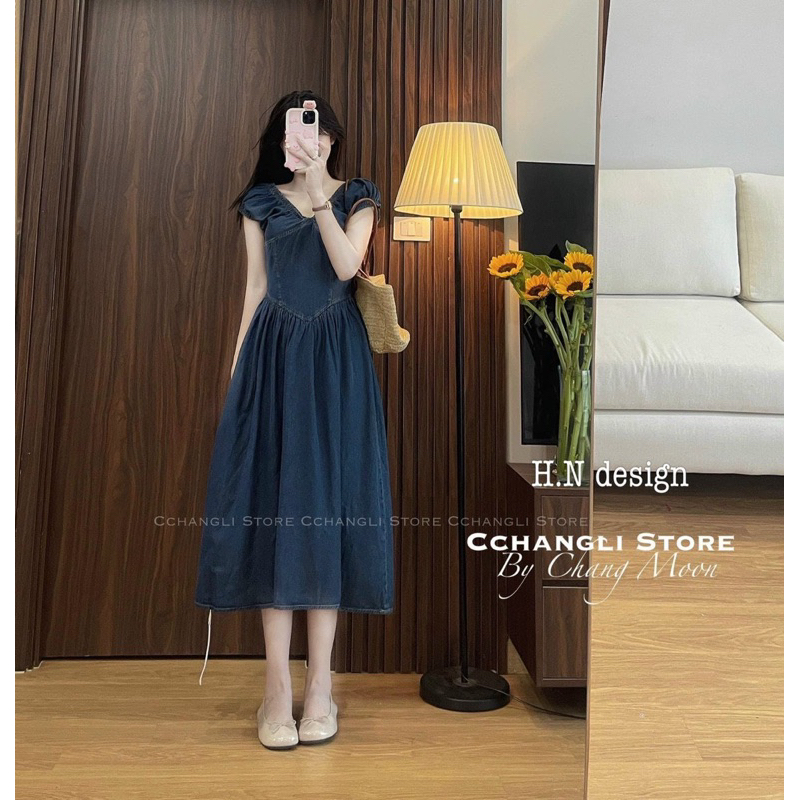 Váy jean dáng dài cổ V Chang Moon[ Hàng Sẵn]