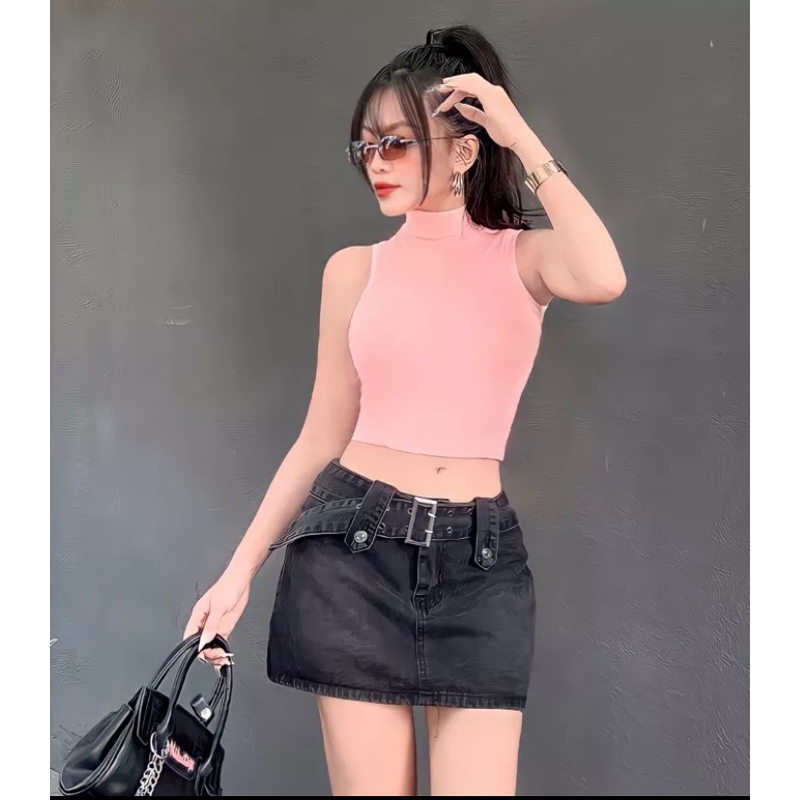 Áo thun gân cổ lọ sát nách co giãn