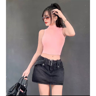 Áo thun gân cổ lọ sát nách co giãn