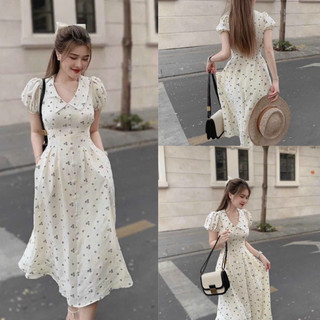Đầm váy nữ bèo tiểu thư hàng nút màu trắng dịu dàng kiểu đầm tay ngắn đính hoa lá sen cổ tích thời trang nữ MOON