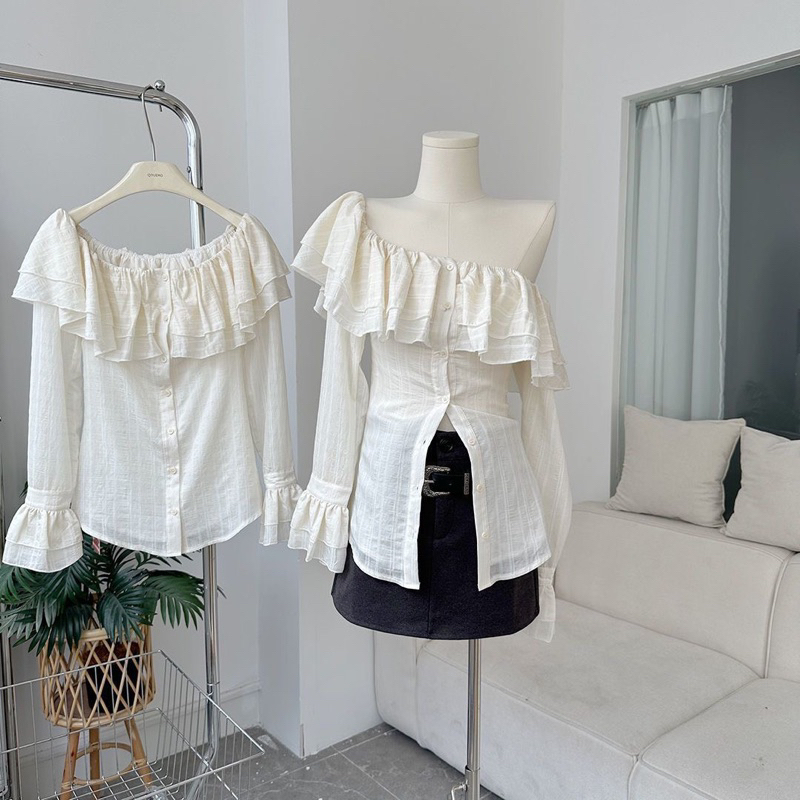 Set áo trễ vai mix chân váy chữ A chuẩn hàng Quảng Châu Loại 1-Kem.Studio