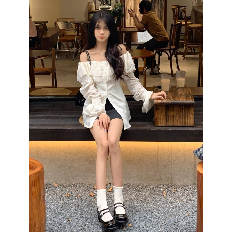 Set áo trễ vai mix chân váy chữ A chuẩn hàng Quảng Châu Loại 1-Kem.Studio