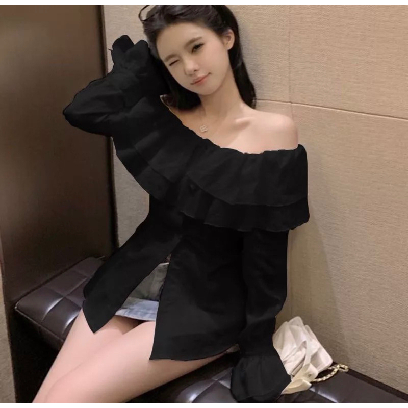 Set áo trễ vai mix chân váy chữ A chuẩn hàng Quảng Châu Loại 1-Kem.Studio