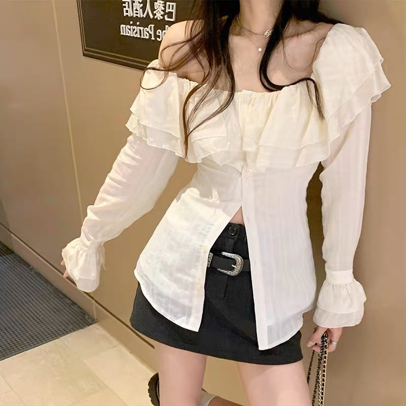 Set áo trễ vai mix chân váy chữ A chuẩn hàng Quảng Châu Loại 1-Kem.Studio