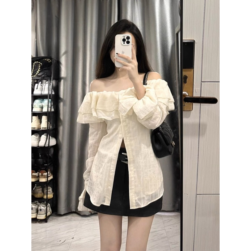 Set áo trễ vai mix chân váy chữ A chuẩn hàng Quảng Châu Loại 1-Kem.Studio