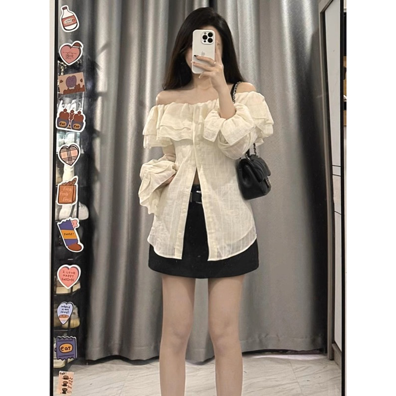 Set áo trễ vai mix chân váy chữ A chuẩn hàng Quảng Châu Loại 1-Kem.Studio