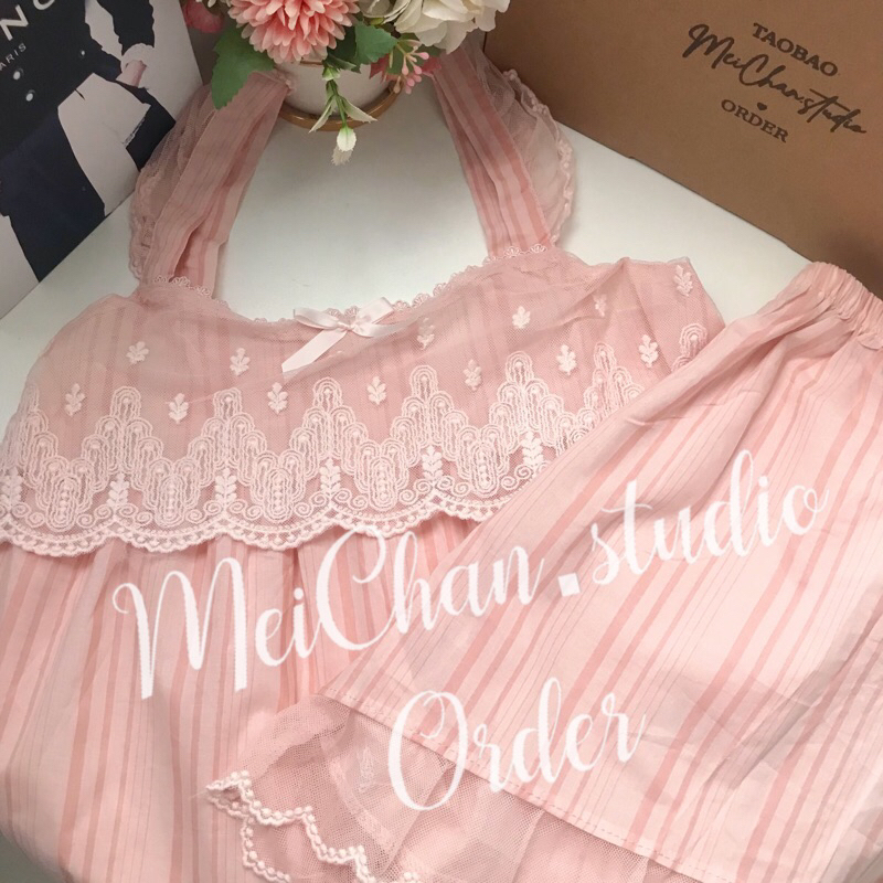 Đồ Ngủ - Đồ Bộ Ngắn Mặc Nhà Tiểu Thư Hai Dây Nơ Ulzzang Quảng Châu