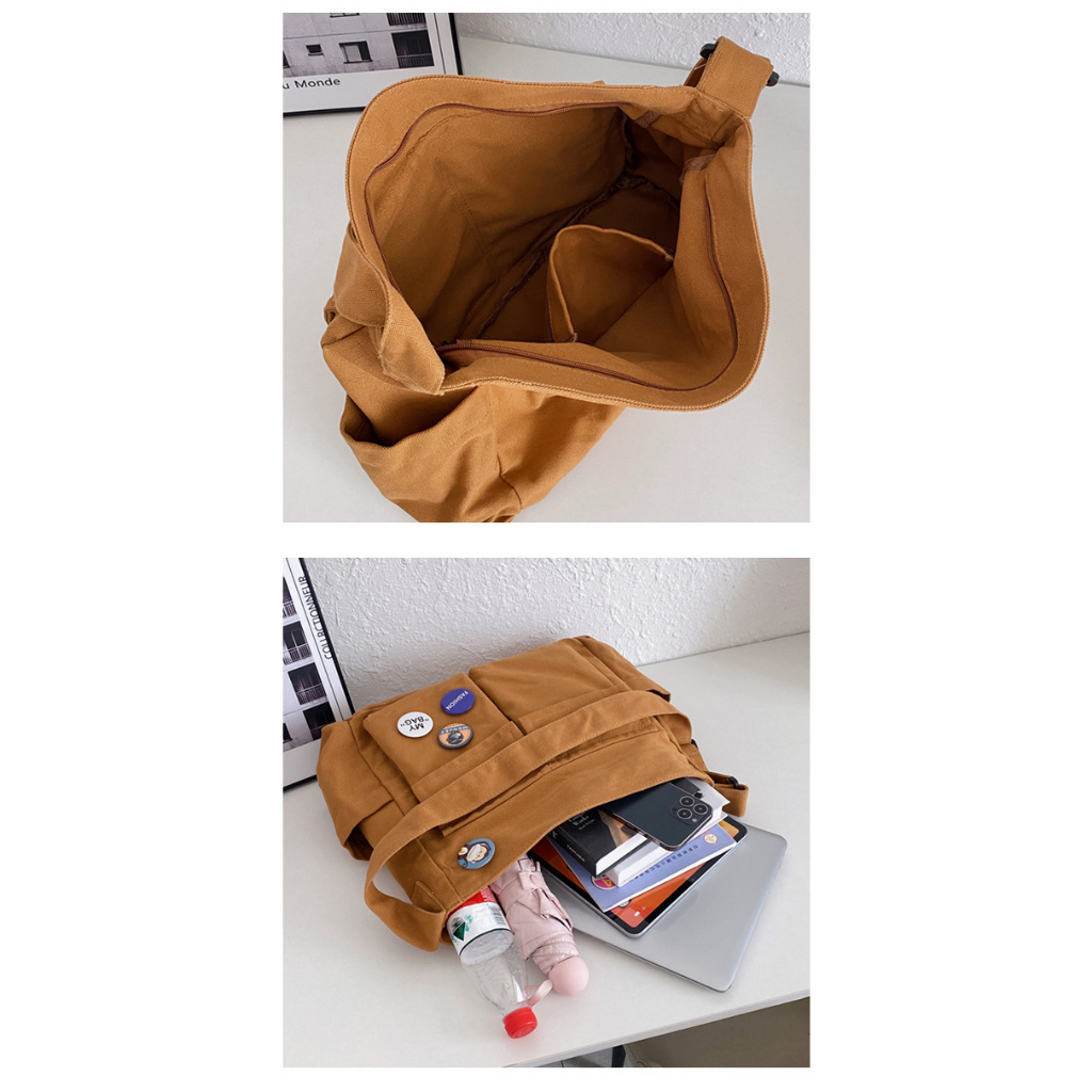 Túi tote đeo chéo siêu to vừa laptop 15.6 inch có khóa kéo vải canvas phong cách ULZZANG đựng vừa sách khổ khổ a4