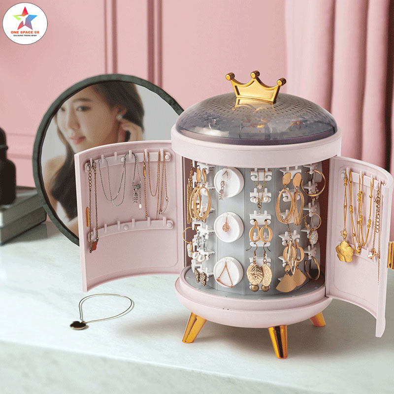 Tủ Đựng Đồ Trang Sức Để Bàn Nhỏ Gọn Tiện Lợi - Hộp Đựng Phụ Kiện Bông Tai, Dây Chuyền, Nhẫn Cao Cấp Có Nắp Đậy Chống Bụi