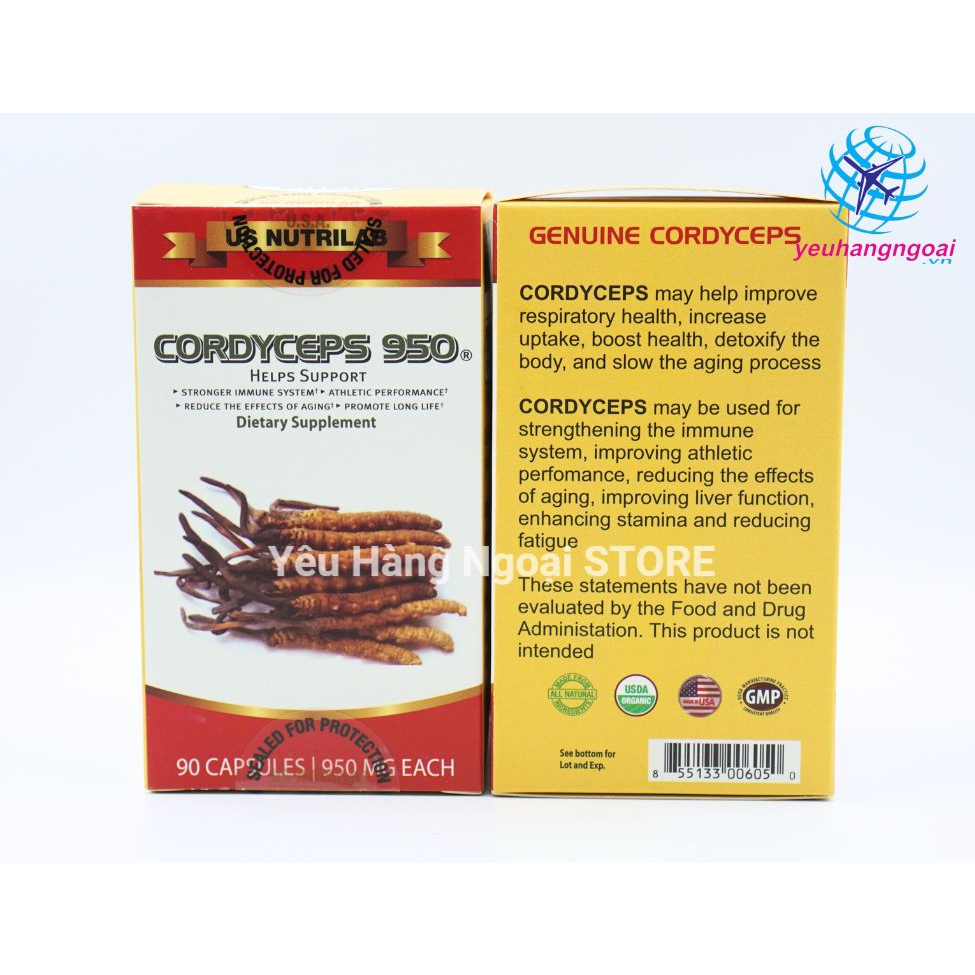 Đông trùng hạ thảo Cordyceps 950mg của Mỹ hộp 90 viên.