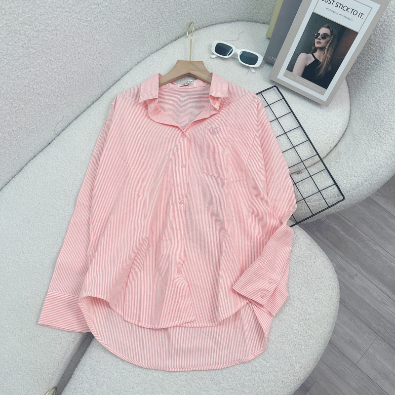 Áo Sơmi Kẻ Nhí Thêu Tim From Rộng Phong Cách Hàn Quốc