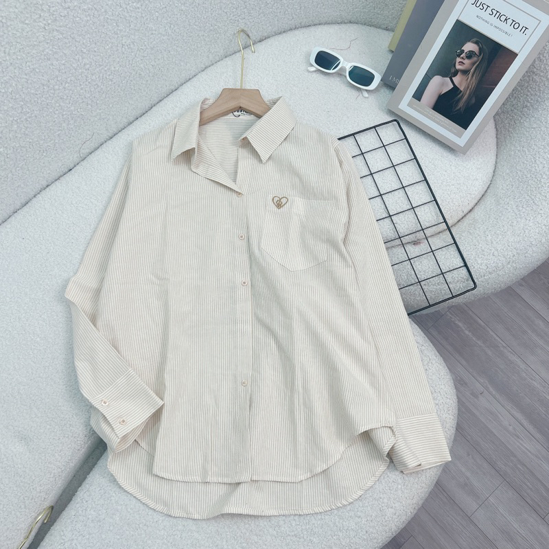 Áo Sơmi Kẻ Nhí Thêu Tim From Rộng Phong Cách Hàn Quốc