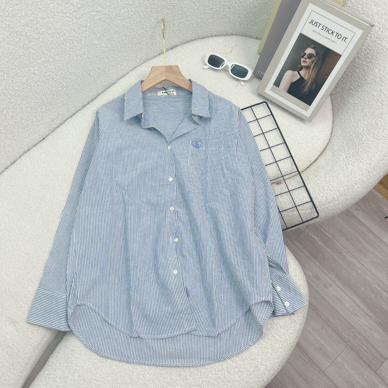 Áo Sơmi Kẻ Nhí Thêu Tim From Rộng Phong Cách Hàn Quốc