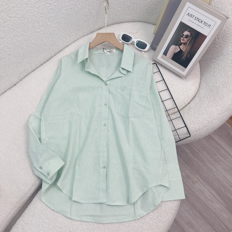 Áo Sơmi Kẻ Nhí Thêu Tim From Rộng Phong Cách Hàn Quốc