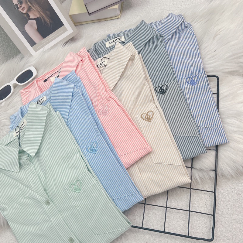 Áo Sơmi Kẻ Nhí Thêu Tim From Rộng Phong Cách Hàn Quốc