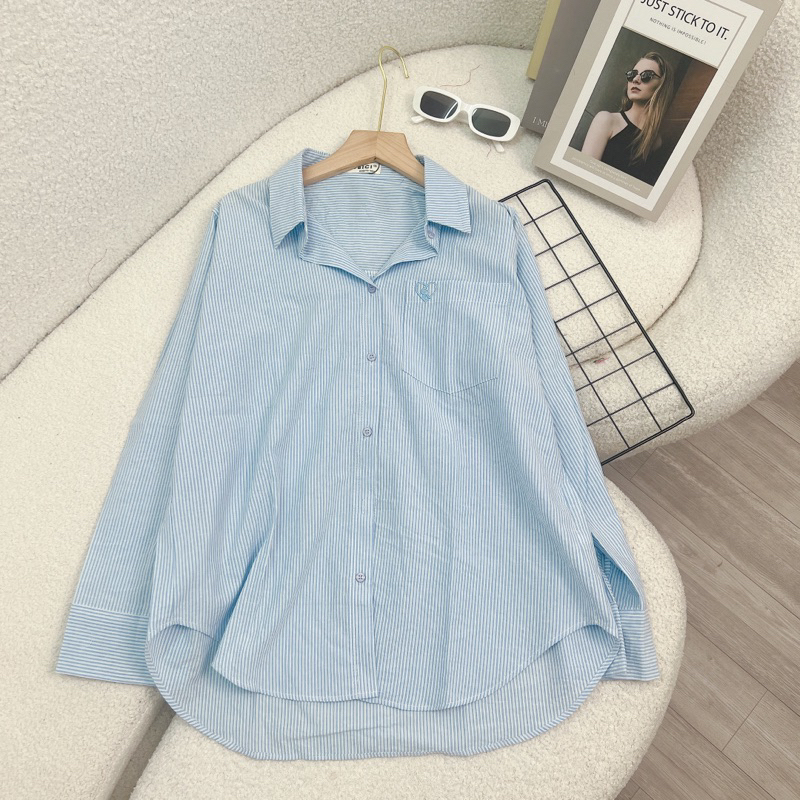 Áo Sơmi Kẻ Nhí Thêu Tim From Rộng Phong Cách Hàn Quốc