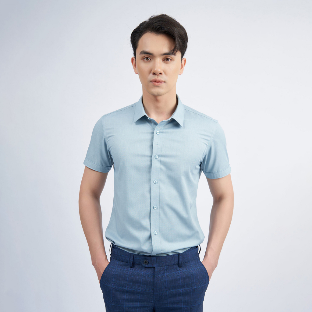 Áo Sơ Mi Nam Ngắn Tay Sợi Tre 3031A Hạn Chế Nhăn Nhàu Màu Xanh Nhạt - Vulcano