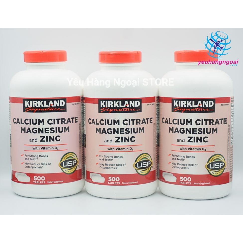 Canxi, Magie, Zinc and Vitamin D3 500 viên của Kirkland Mỹ.