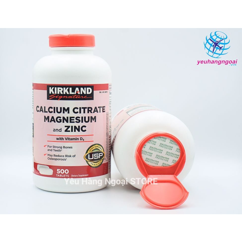 Canxi, Magie, Zinc and Vitamin D3 500 viên của Kirkland Mỹ.