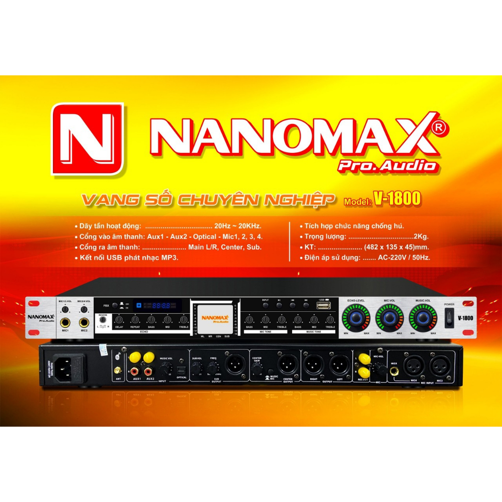 Vang cơ Nanomax V-1800 Bluetooth - chống hú- tích hợp karaoke - Cổng Optical - USB- Reverb