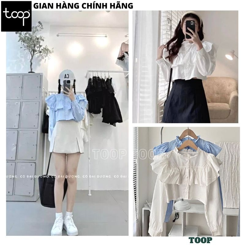 Áo sơ mi dài tay cổ tàu dáng ngắn tiểu thư thời trang, Áo sơ mi croptop cổ viền bèo tay bồng điệu đà cực xinh - TOOP