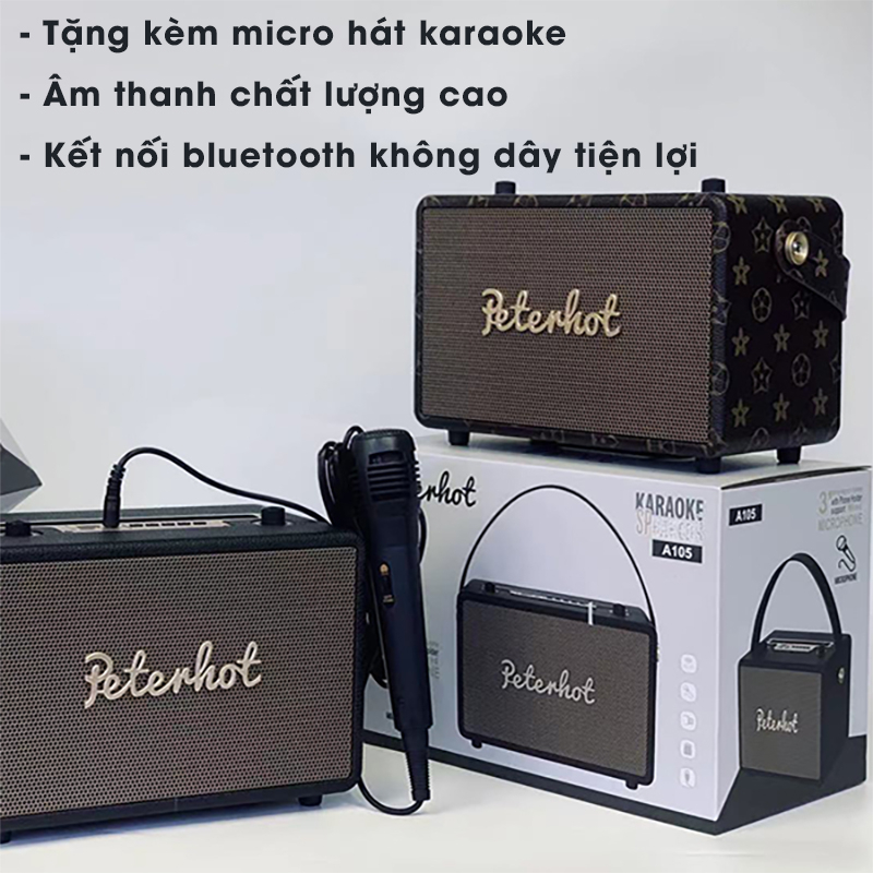 Loa Bluetooth Karaoke Peterhot A106W Tặng Kèm Micro Không Dây Âm Thanh Đỉnh Cao, Nhỏ Gọn Tiện Lợi