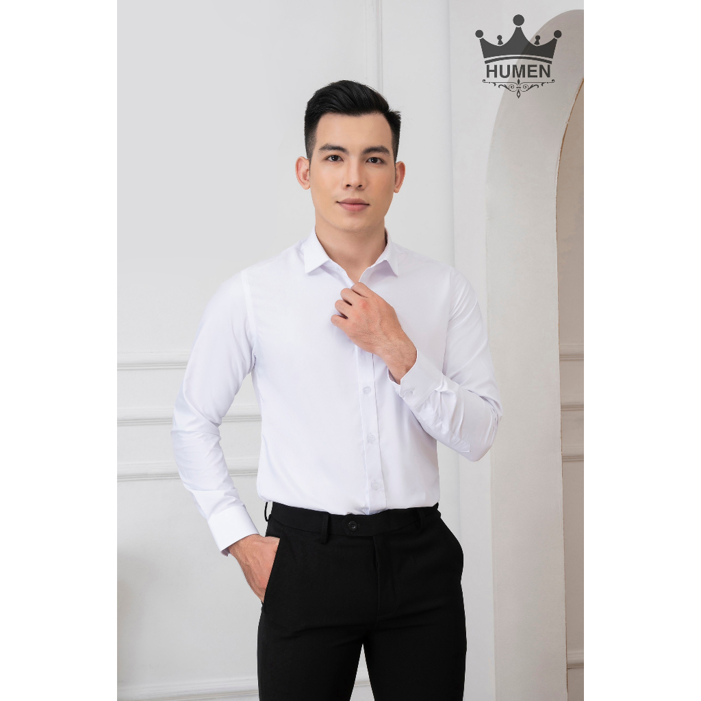 Áo sơ mi nam Humen dài tay chất liệu lụa cao cấp mềm mại thoáng khí không nhàu chống nhăn màu trắng chuẩn form slim | BigBuy360 - bigbuy360.vn