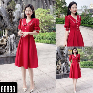 Váy đầm xòe dự tiệc cổ ve viền ren trắng tay phồng đính nút ngọc thanh lịch sang trọng, đầm thiết kế cao cấp T331