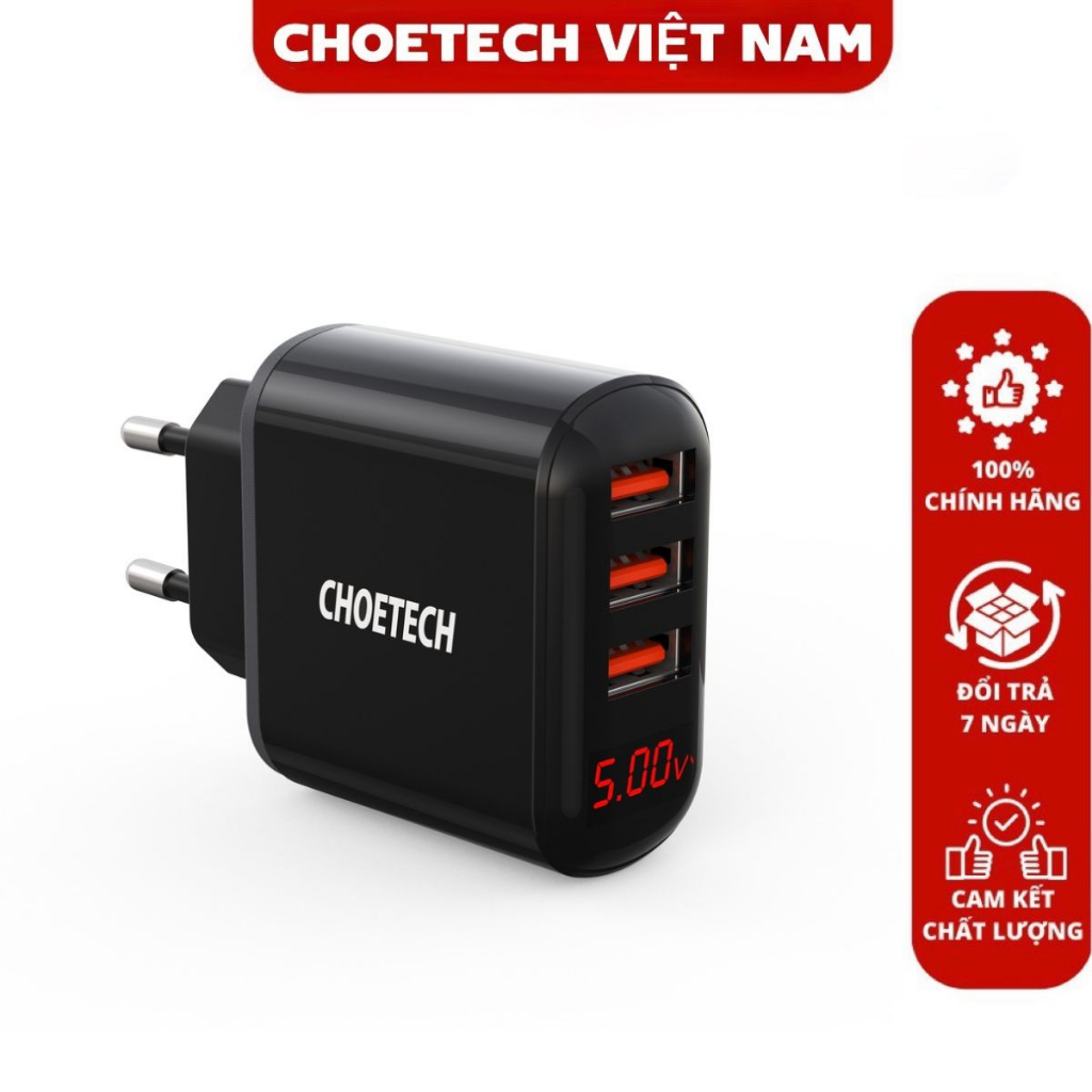 Bộ sạc tường kỹ thuật số Choetech 5V/3.4A 3*usb-A ( US/JP/EU/UK) Choetech mã Q5009