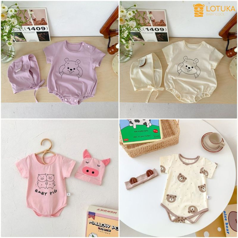 Body Chip Thun Lạnh LOTUKA KÈM MŨ Thú Đáng Yêu, Bodysuit Cho Bé, Chất Liệu Mềm Mát, Thoáng Mịn Size 0-12m