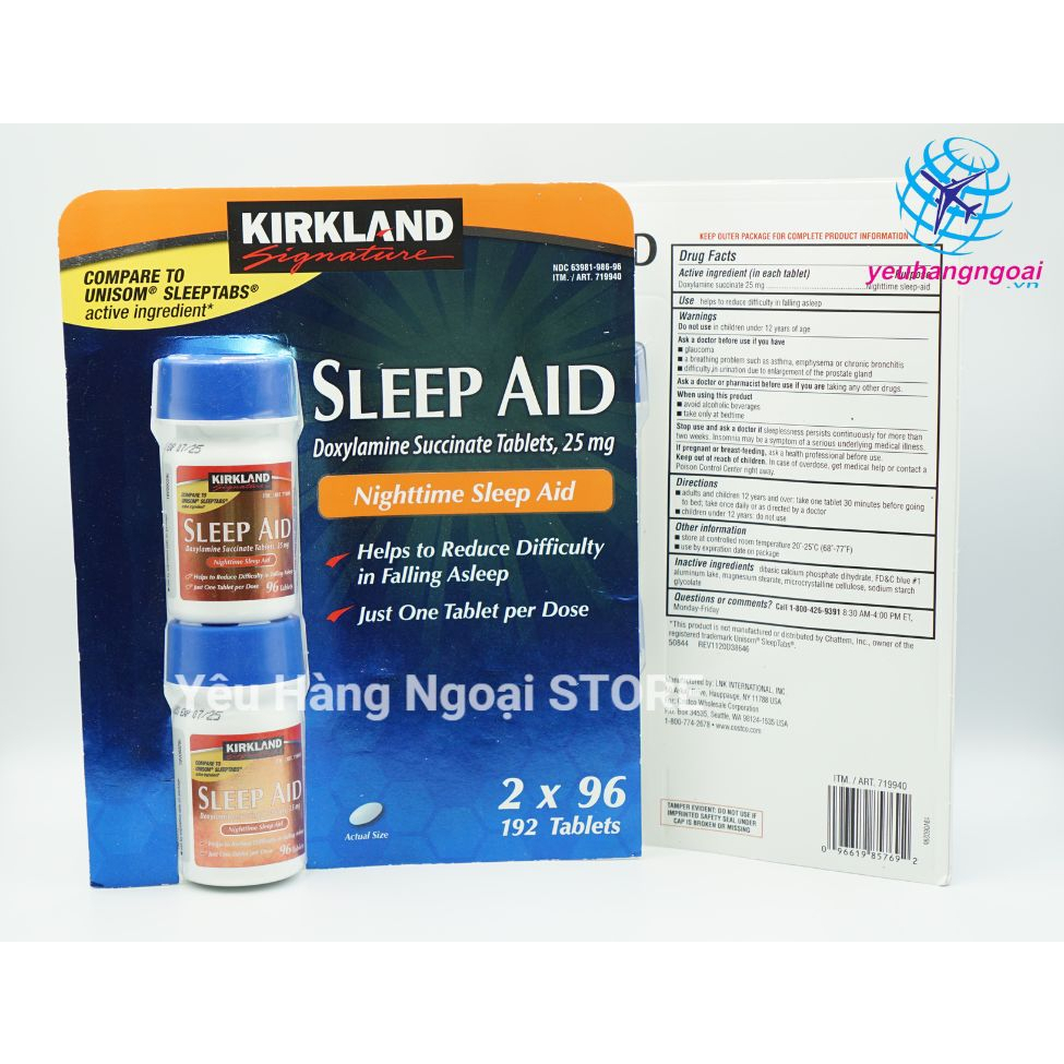Viên uống hỗ trợ giấc ngủ Kirkland Sleep Aid 25mg 192 viên của Mỹ.
