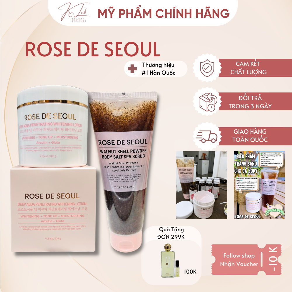 Combo tẩy da chết và kem body Rose De Seoul chăm sóc da từ sâu bên trong, loại bỏ tế bào chết hũ 200g