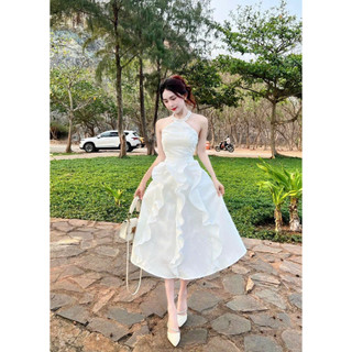 Đầm tapta cổ yếm đính cườm chiết eo phối bèo dáng xòe sang trọng nữ tính cho nàng đi tiệc, đi chơi