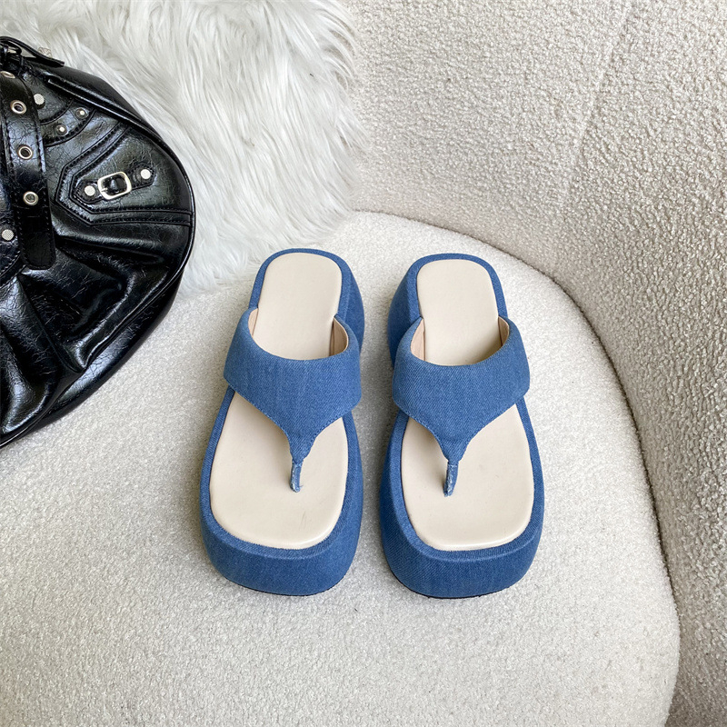 Dép sandal đế xuồng quai kẹp xỏ ngón đế bánh mì cao 5cm bọc vải jeans mẫu phiên bản cao cấp màu xanh mã –BM0011