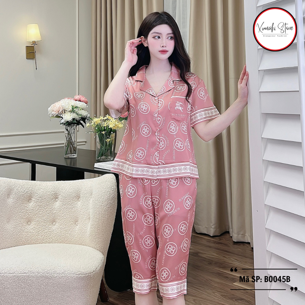 Bộ pyjama nữ áo cộc quần ngố họa tiết chữ chất lụa cao cấp Xumaki Store BO041B