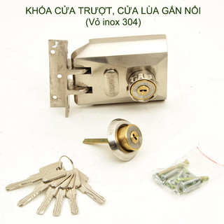 Khóa cửa trượt, cửa lùa đa năng lắp nổi vỏ inox 304 chắc chắn kèm 6 chìa khóa
