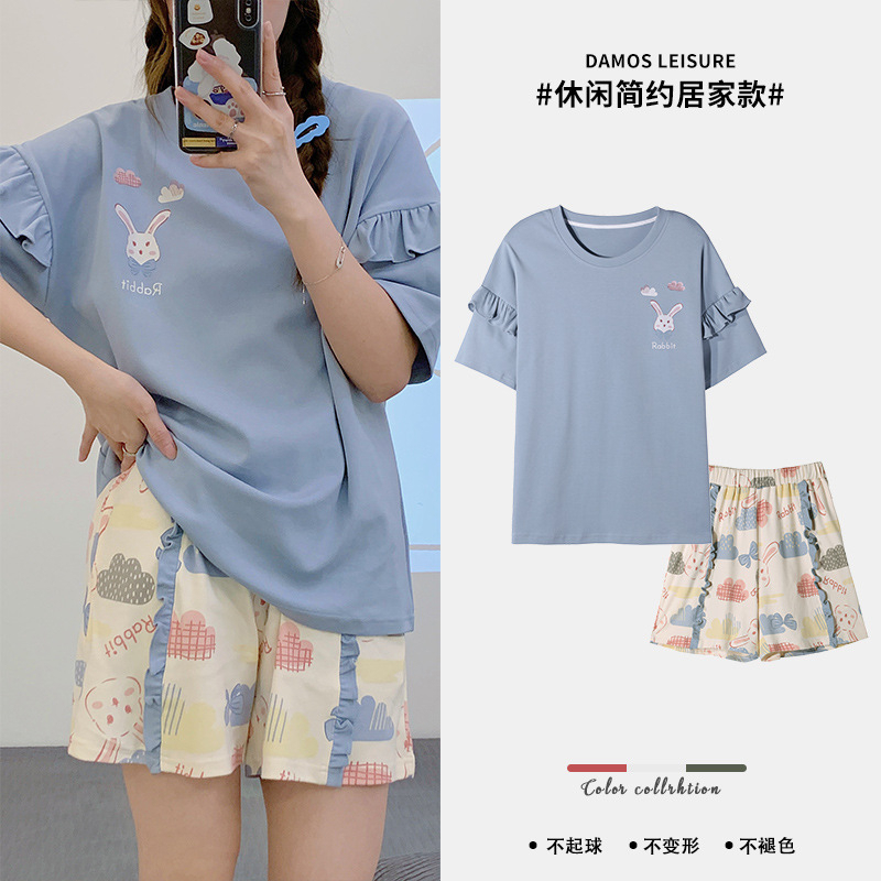 Mẫu mới 2023 Bộ đồ ngủ cotton ngắn tay nữ quần short cổ tròn áo thun hoạt hình dễ hương mặc ở nhà có thể ra ngoài