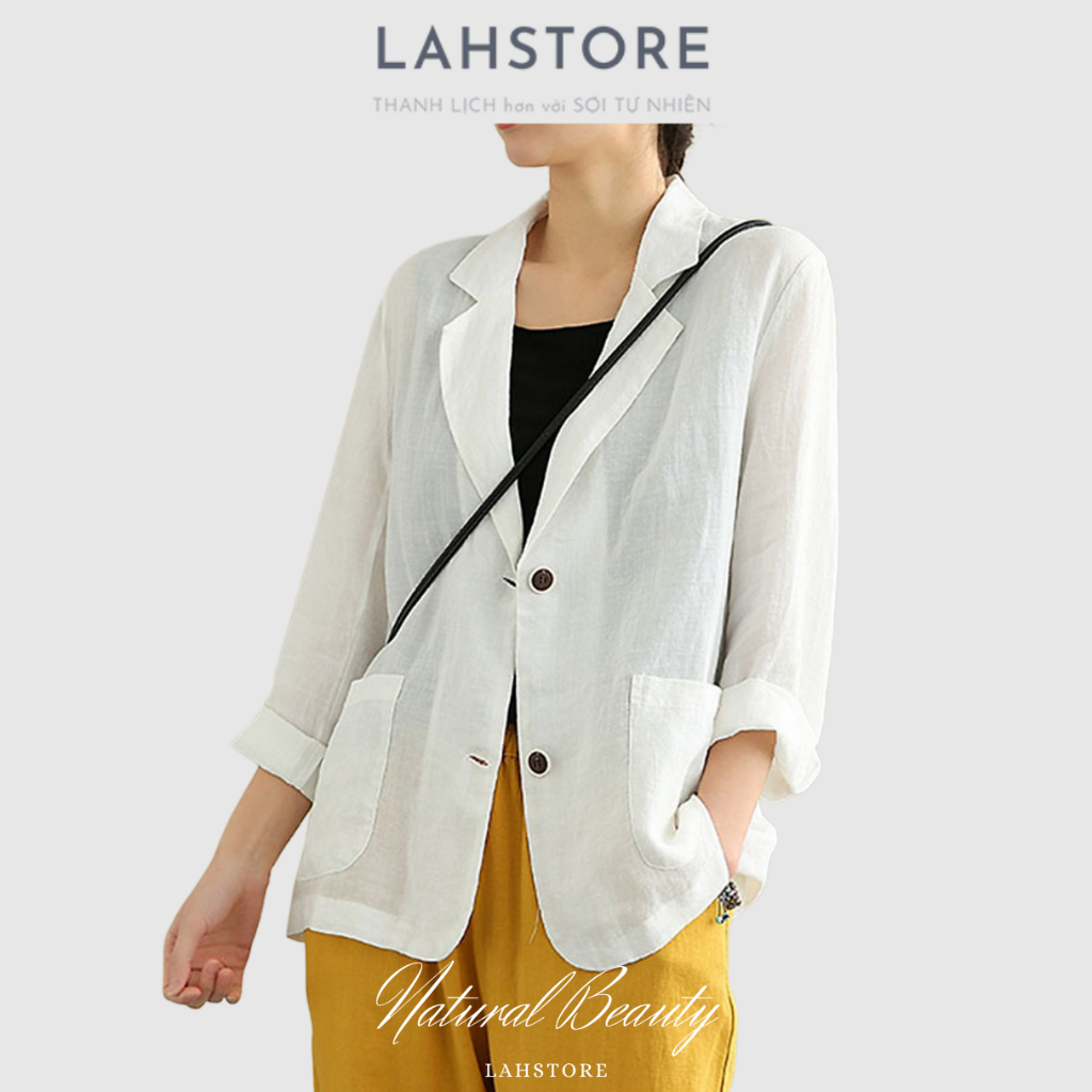 Áo blazer linen 1 lớp LAHSTORE dáng lửng, cổ ve vuông