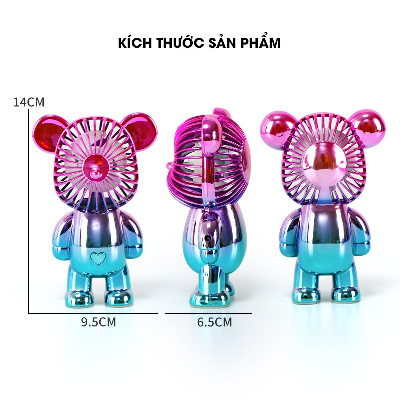 Quạt tích điện mini hình gấu bearbrickmàu cầu vồng