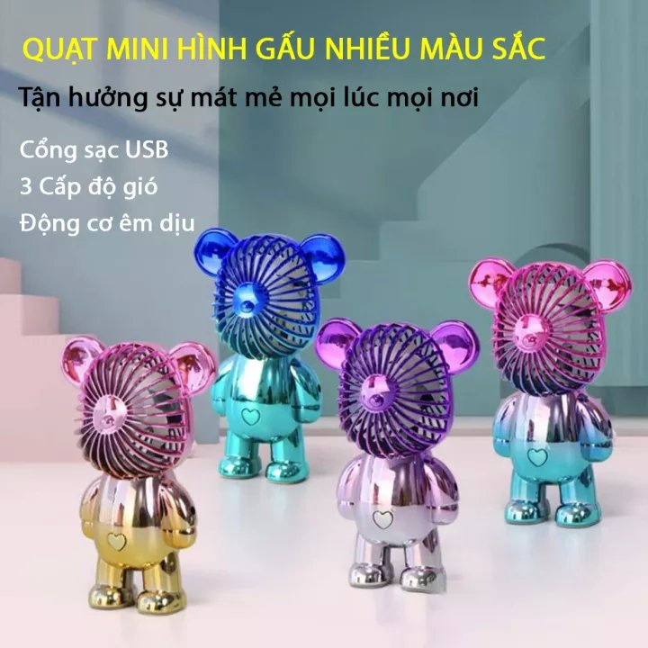 Quạt tích điện mini hình gấu bearbrickmàu cầu vồng