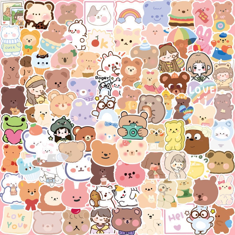 Set 8 sticker hình dán Gấu nhiều màu chống thấm nước, hình dễ thương, hình gấu cute