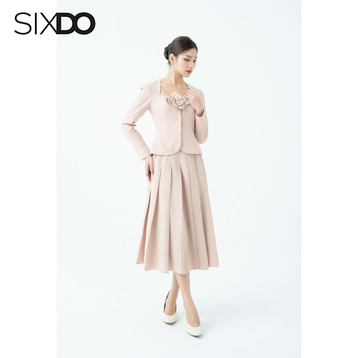 Chân váy midi xếp li thời trang SIXDO (Beige Knife pleated Midi Woven Skirt)