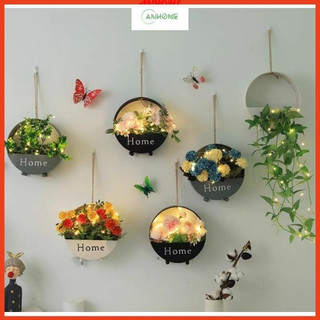Hoa giả, giỏ hoa cỏ nhiều mẫu treo tường trang trí nhà cửa, tiểu cảnh xinh tươi Anhome GH-05 (tặng đèn+bướm)