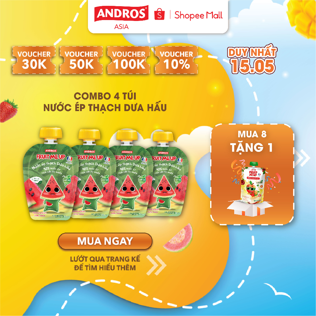 Combo 4 túi Nước Ép Thạch Dưa Hấu - 90% Nước Ép Trái Cây Thật - ANDROS FRUIT ME UP- 90gx4