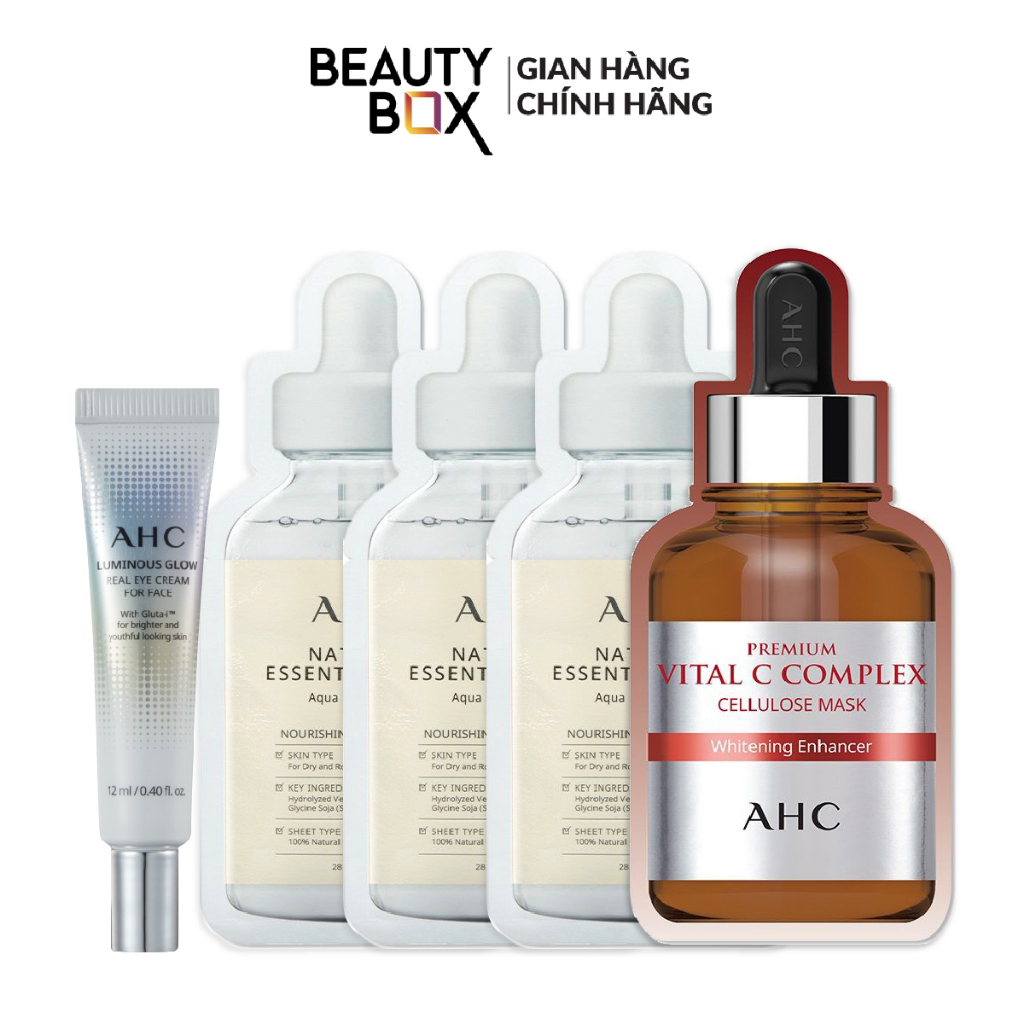 [Quà tặng không bán] Combo 4 Mặt Nạ Giấy AHC (Mềm Da Nourishing,Trắng Da Vital C) 27ml+Kem Dưỡng Mắt 12ml